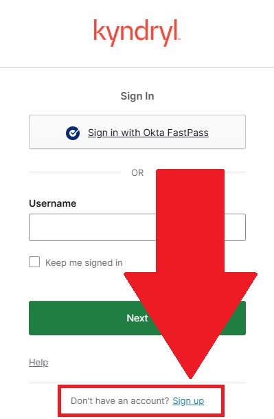 Kyndryl sign-in page showing the Sign up link highlighted near the bottom